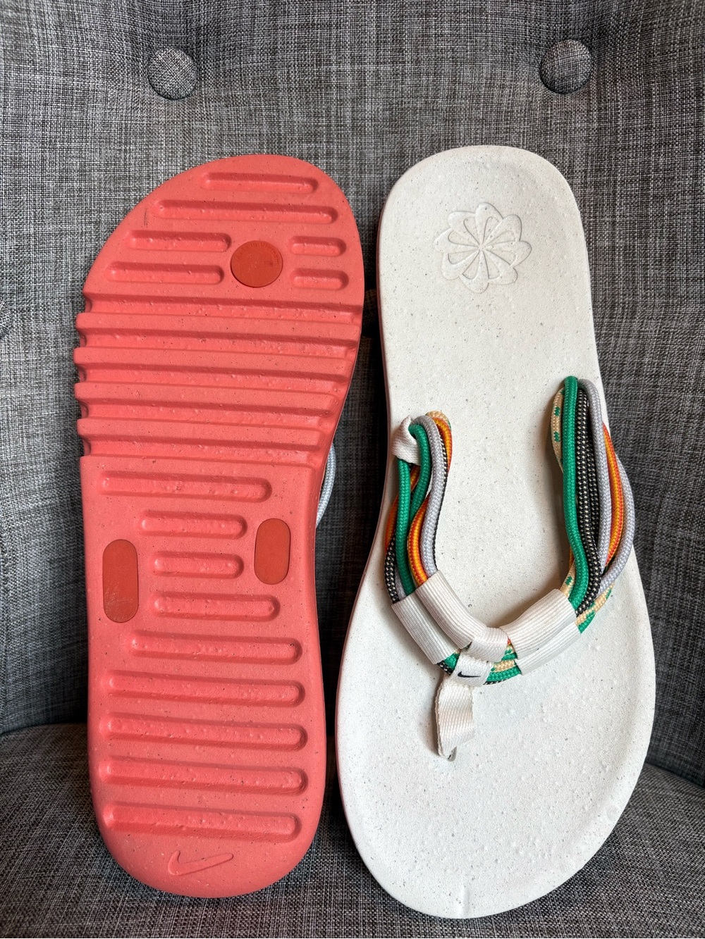 Nike Mens SZ. 12 White Flip-Flops with Coral Sole and Multicolor Straps